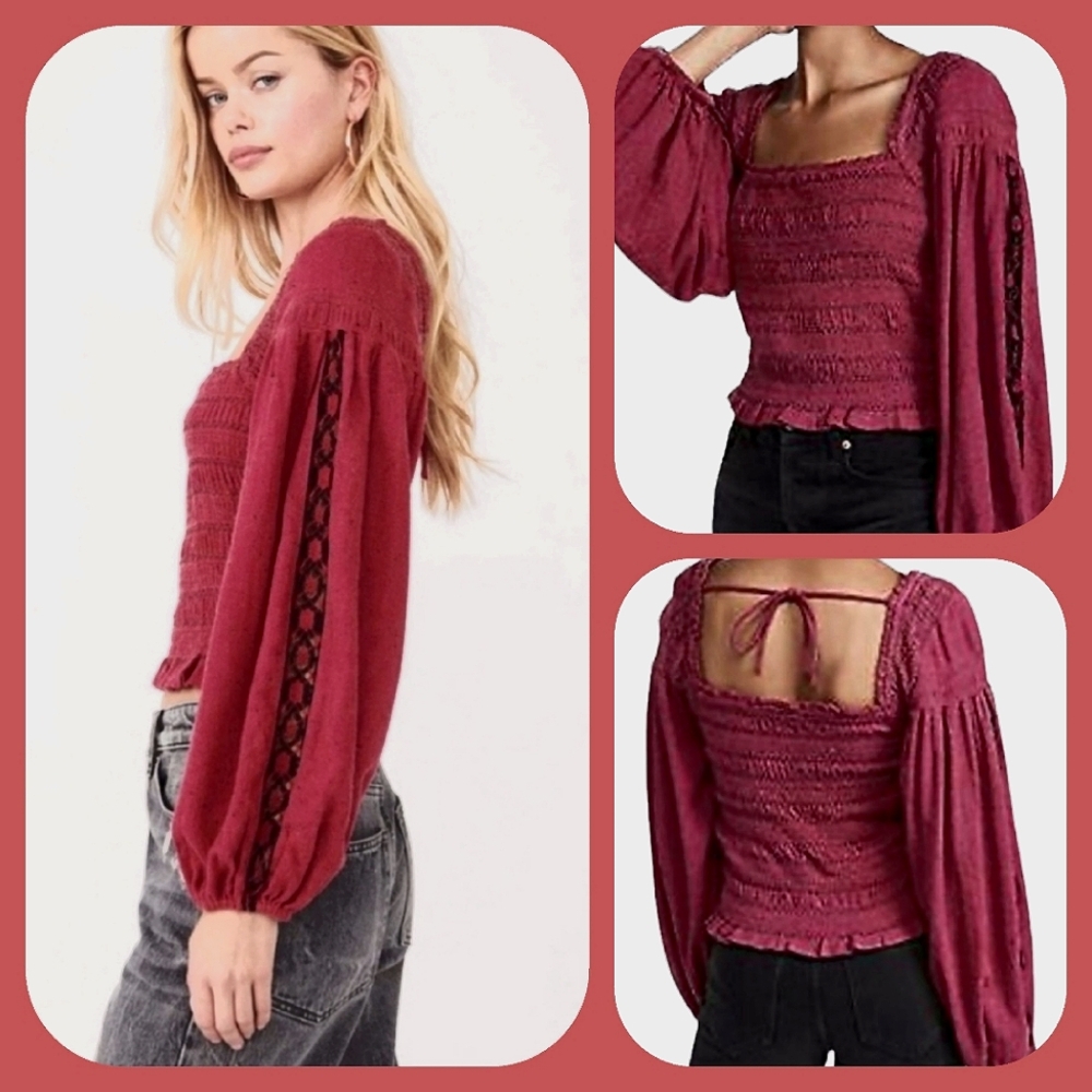 *HP*Free People Smocked Embellished L/S Blouse